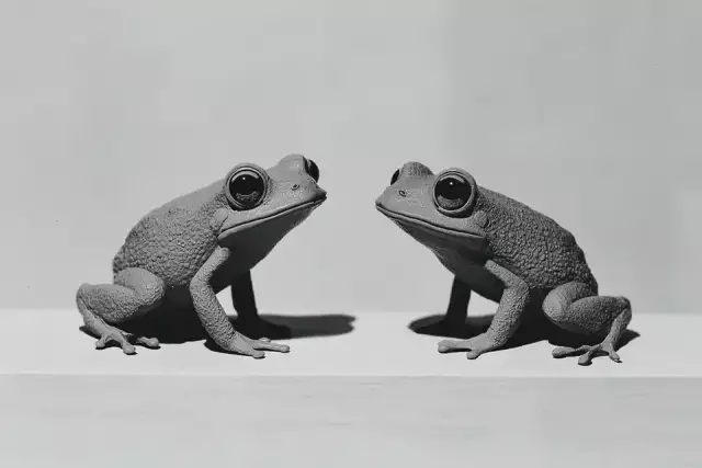Two toy plastic frogs with entire body positioned symmetrically face to face