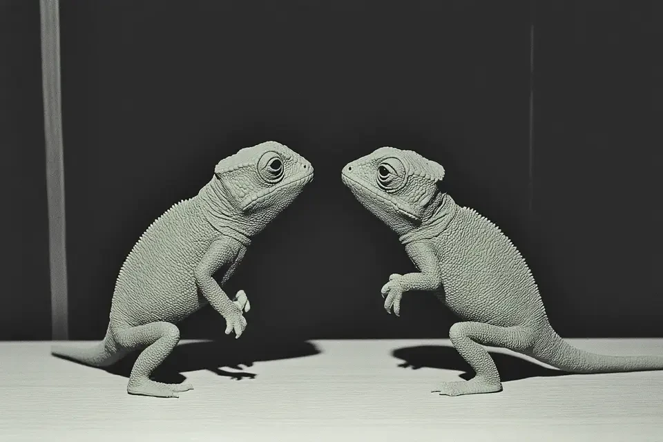 Zwei identische hellgraue Leguane sitzen sich auf einer weißen Fläche vor dunklem Hintergrund gegenüber und blicken sich an. Die Reptilien haben charakteristische Kopfstrukturen, Augen und schuppige Haut und wirken wie perfekte Spiegelbilder voneinander.