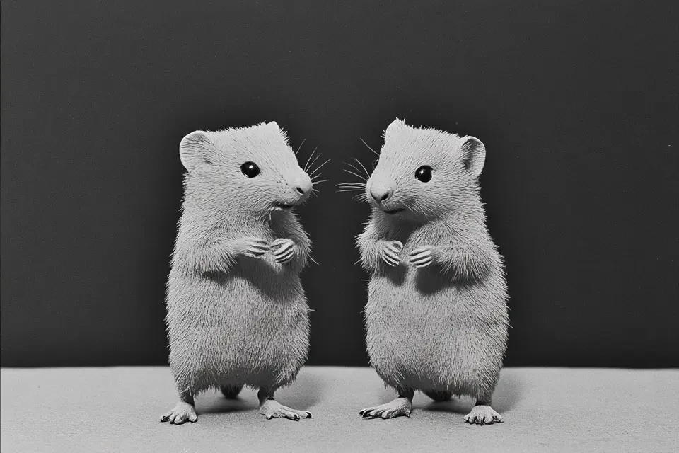 Zwei weiße Hamster stehen sich auf ihren Hinterbeinen gegenüber und schauen sich an, vor einem dunklen Hintergrund und einer weißen Oberfläche.