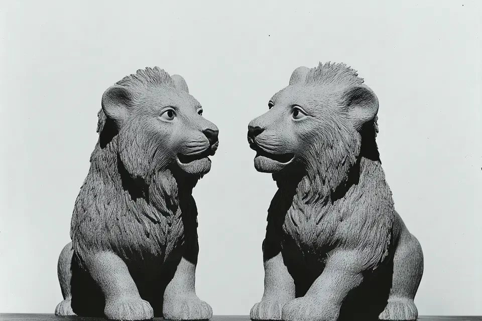 Zwei identische Löwenskulpturen sitzen sich gegenüber vor neutralem Hintergrund. Beide Figuren haben markante Mähnen und blicken sich in die Augen. Die schwarz-weiße Fotografie zeigt eine symmetrische Komposition.