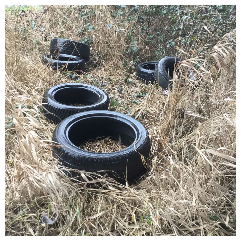 Mehrere alte Autoreifen liegen in trockener Vegetation und dienen als improvisierte Behälter mit Stroh gefüllt. Die Reifen sind in verschiedenen Positionen angeordnet, wobei zwei größere Reifen im Vordergrund prominent zu sehen sind.