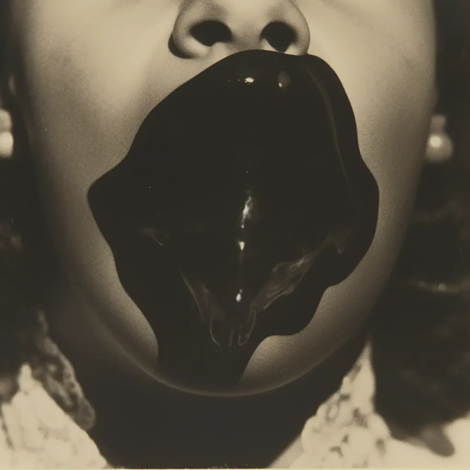 Eine Person hält eine schwarze, amorphe Form vor ihr Gesicht, die an eine Geistergestalt erinnert. Das Schwarz-Weiß-Foto stammt aus der Serie "Ghost Materializations" und zeigt eine surrealistische, künstlerische Darstellung. Die Form verdeckt die Gesichtszüge und erzeugt eine verstörende, mystische Atmosphäre.
