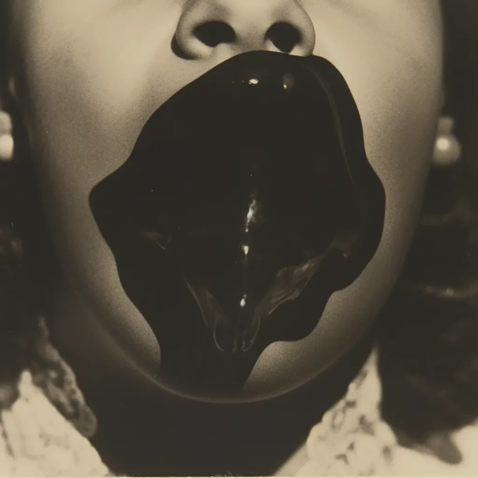 Eine Person hält eine schwarze, amorphe Form vor ihr Gesicht, die an eine Geistergestalt erinnert. Das Schwarz-Weiß-Foto stammt aus der Serie "Ghost Materializations" und zeigt eine surrealistische, künstlerische Darstellung. Die Form verdeckt die Gesichtszüge und erzeugt eine verstörende, mystische Atmosphäre.