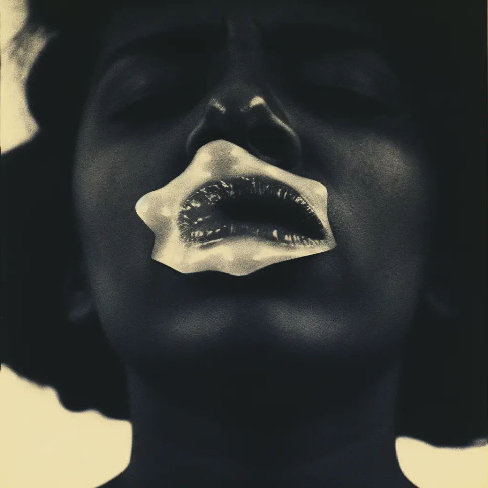 Eine surreale, monochromatische Kunstfotografie einer weiblichen Figur mit schwarzer Haut und großflächig weißem Gesicht, wobei die Lippen dunkel gefärbt sind. Die Komposition wirkt geisterenhaft und experimentell, mit starkem Kontrast zwischen hellen und dunklen Bereichen.