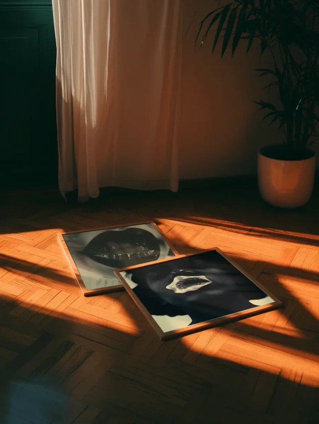 Zwei schwarze Vinyl-Schallplatten liegen auf orangefarbenem Papier auf einem Holzboden. Warmes Sonnenlicht wirft lange Schatten über die Szene, während ein Topf mit grüner Pflanze und weiße Vorhänge im Hintergrund sichtbar sind.