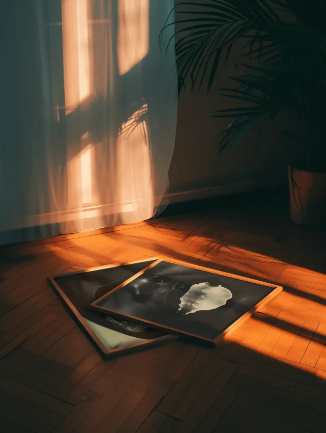 Zwei schwarze Rahmen mit weißen abstrakten Formen liegen auf einem Holzboden in warmem Sonnenlicht, das durch ein Fenster fällt. Eine Zimmerpflanze wirft Schatten an die Wand dahinter. Die Szene schafft eine meditative Atmosphäre mit starken Licht- und Schattenkontrasten.
