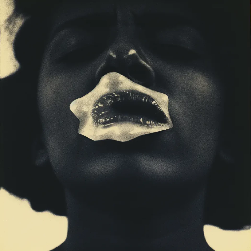 Eine surreale, monochromatische Kunstfotografie einer weiblichen Figur mit schwarzer Haut und großflächig weißem Gesicht, wobei die Lippen dunkel gefärbt sind. Die Komposition wirkt geisterenhaft und experimentell, mit starkem Kontrast zwischen hellen und dunklen Bereichen.