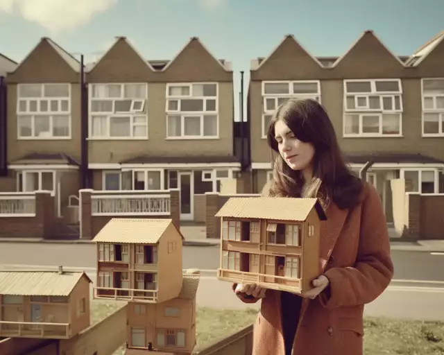 KI-generiertes Foto aus dem England der 1970er Jahre: Eine 30-jährige Architekturstudentin präsentiert ihr hölzernes Architekturmodell.