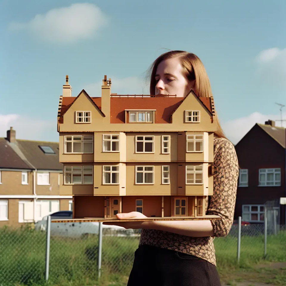 KI-generiertes Foto aus dem England der 1970er Jahre: Eine 30-jährige Architekturstudentin präsentiert ihr hölzernes Architekturmodell.