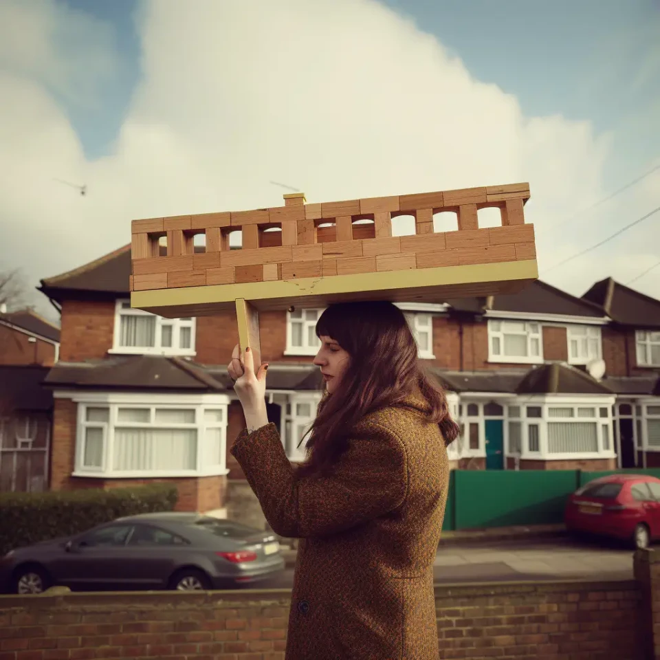 KI-generiertes Foto aus dem England der 1970er Jahre: Eine 30-jährige Architekturstudentin präsentiert ihr hölzernes Architekturmodell.