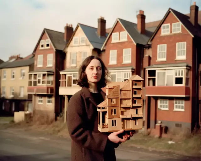 KI-generiertes Foto aus dem England der 1970er Jahre: Eine 30-jährige Architekturstudentin präsentiert ihr hölzernes Architekturmodell.