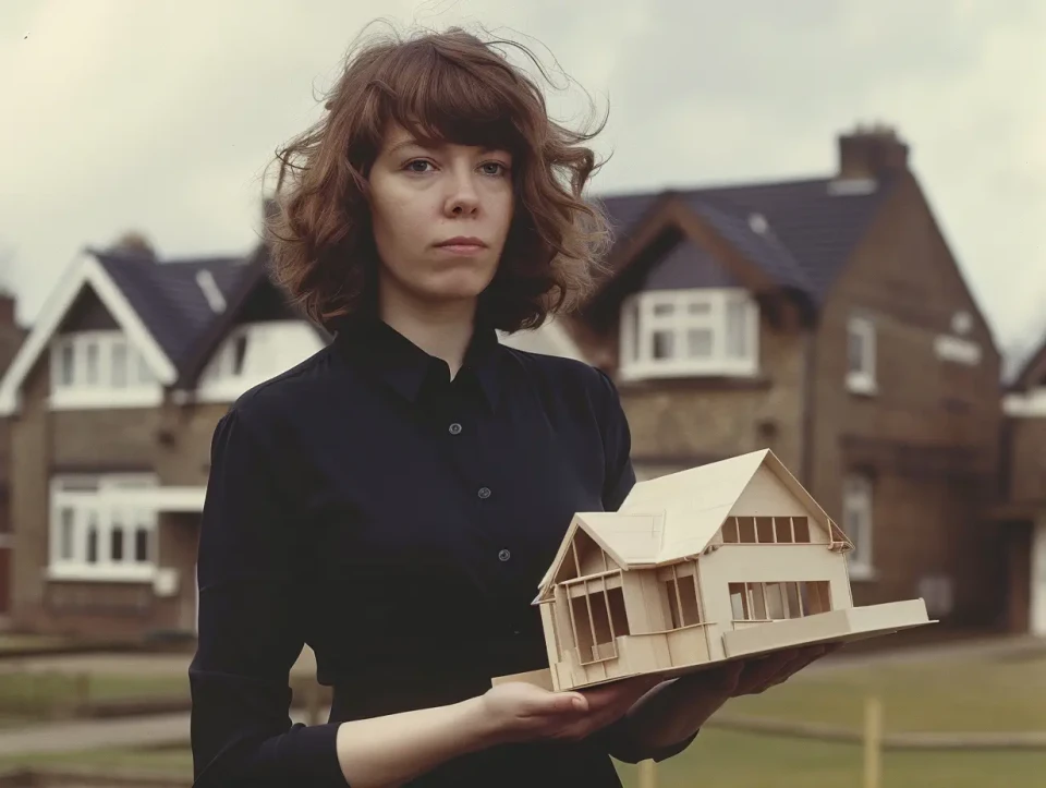 KI-generiertes Foto aus dem England der 1970er Jahre: Eine 30-jährige Architekturstudentin präsentiert ihr hölzernes Architekturmodell.
