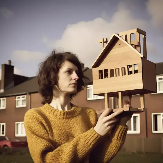 KI-generiertes Foto aus dem England der 1970er Jahre: Eine 30-jährige Architekturstudentin präsentiert ihr hölzernes Architekturmodell.