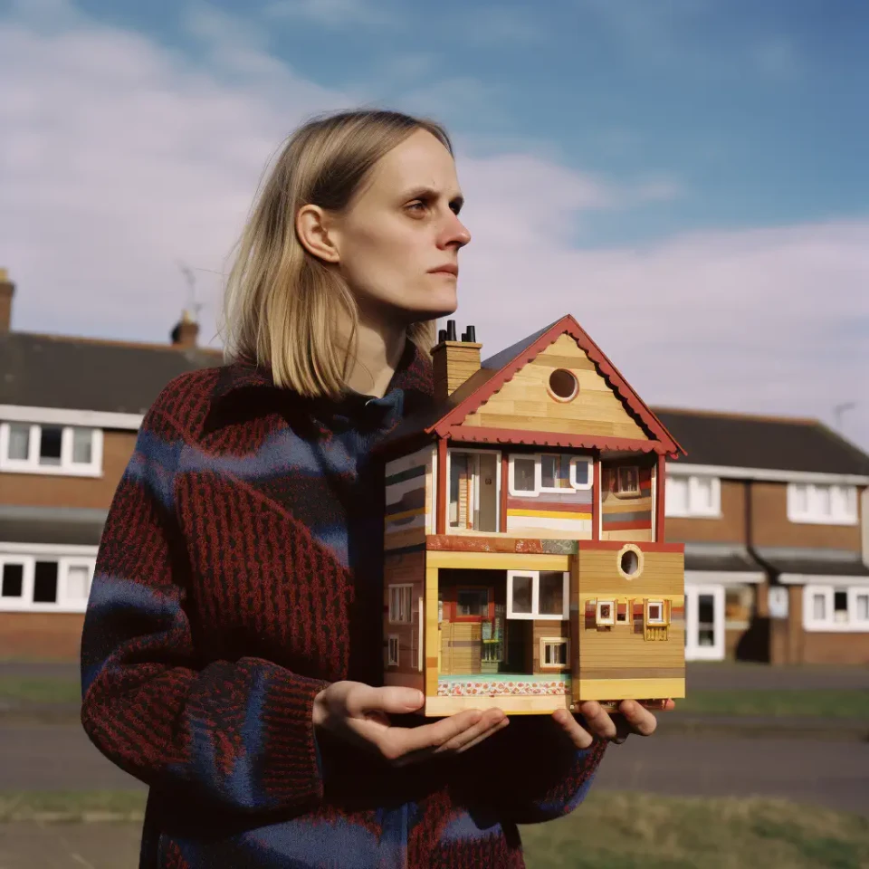 KI-generiertes Foto aus dem England der 1970er Jahre: Eine 30-jährige Architekturstudentin präsentiert ihr hölzernes Architekturmodell.
