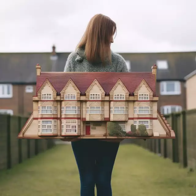 KI-generiertes Foto aus dem England der 1970er Jahre: Eine 30-jährige Architekturstudentin präsentiert ihr hölzernes Architekturmodell.