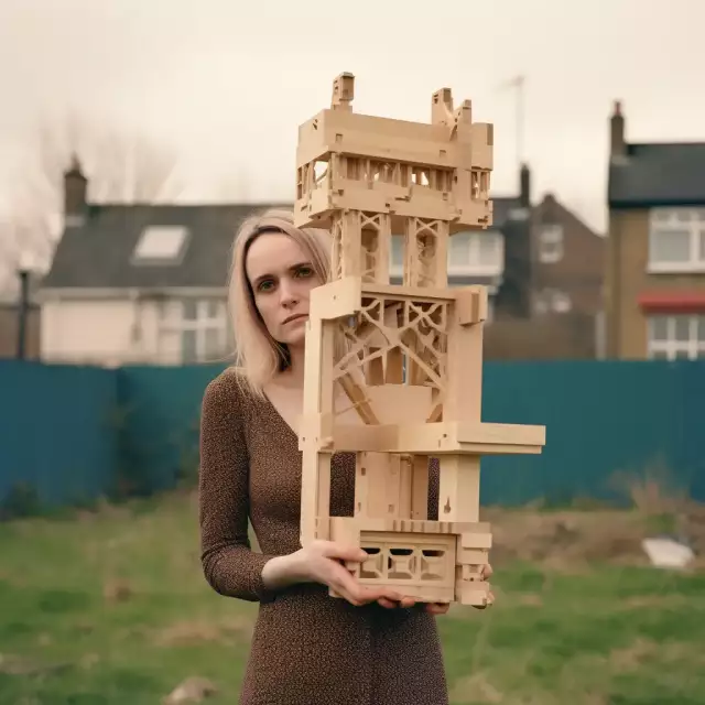 KI-generiertes Foto aus dem England der 1970er Jahre: Eine 30-jährige Architekturstudentin präsentiert ihr hölzernes Architekturmodell.