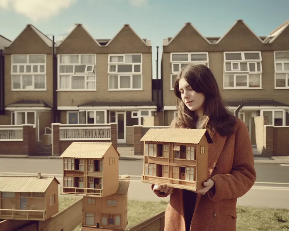 KI-generiertes Foto aus dem England der 1970er Jahre: Eine 30-jährige Architekturstudentin präsentiert ihr hölzernes Architekturmodell.