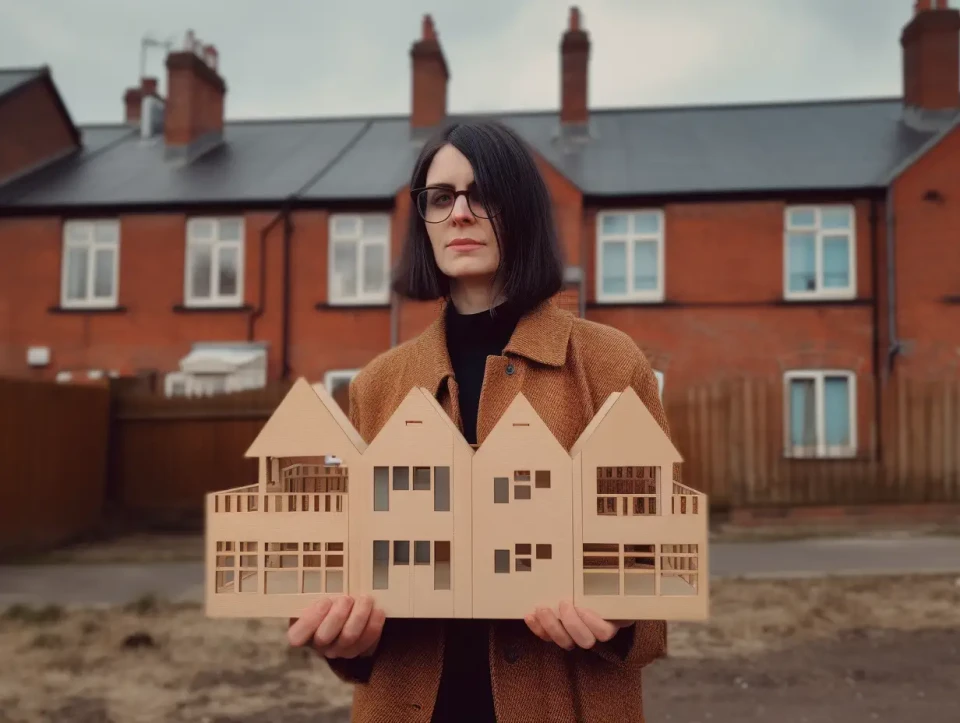 KI-generiertes Foto aus dem England der 1970er Jahre: Eine 30-jährige Architekturstudentin präsentiert ihr hölzernes Architekturmodell.