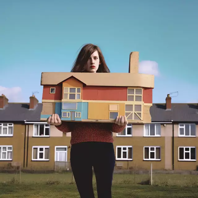 KI-generiertes Foto aus dem England der 1970er Jahre: Eine 30-jährige Architekturstudentin präsentiert ihr hölzernes Architekturmodell.