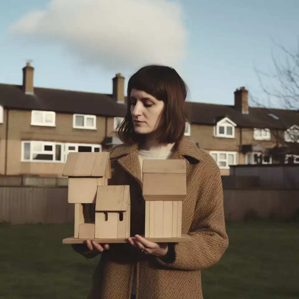 KI-generiertes Foto aus dem England der 1970er Jahre: Eine 30-jährige Architekturstudentin präsentiert ihr hölzernes Architekturmodell.