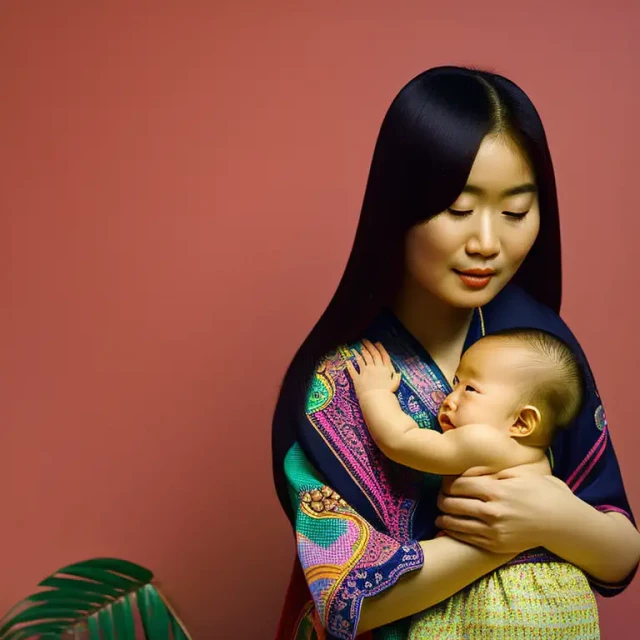 chinesische junge Mutter mit Kind, KI generiert, 11.2022