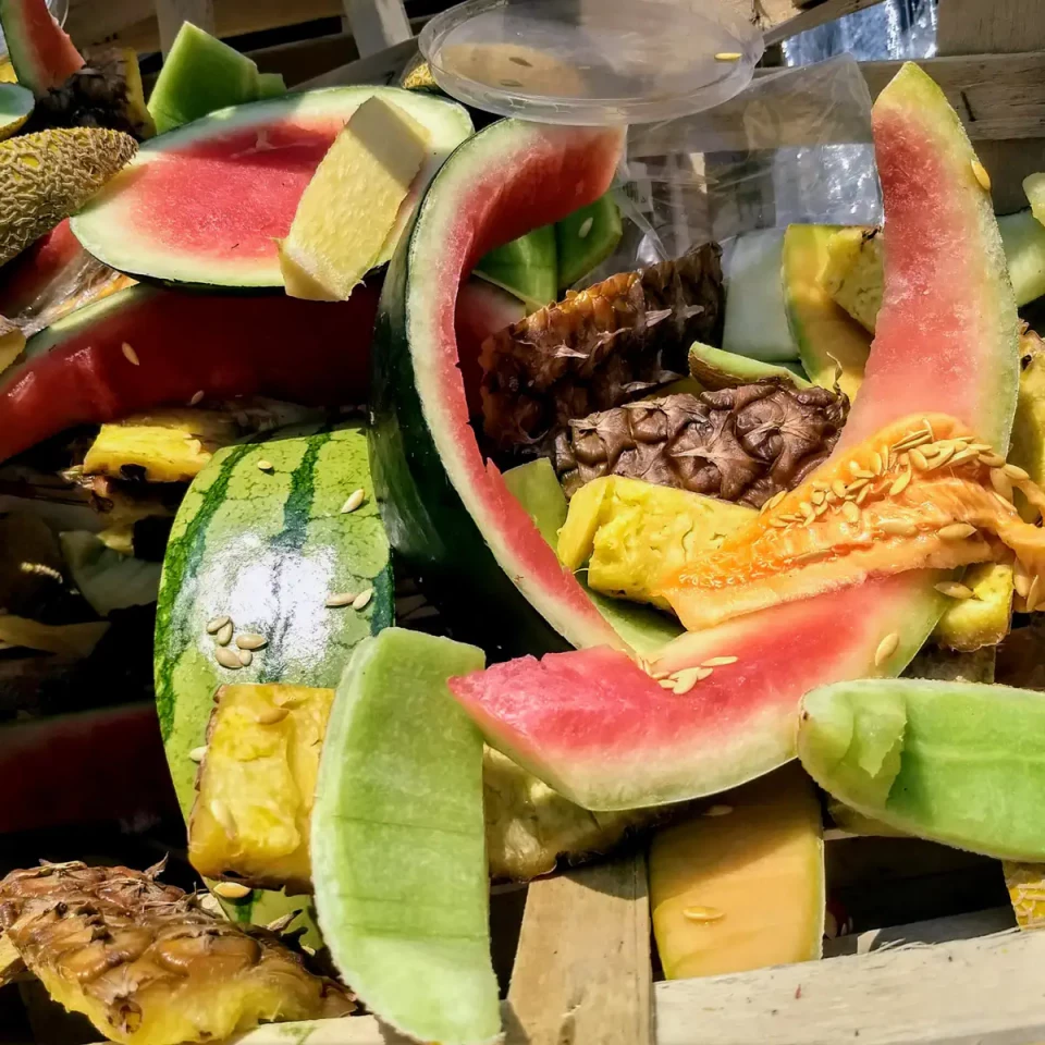 Verschiedene tropische Früchte und Gemüsesorten sind auf einem Tisch arrangiert, darunter aufgeschnittene Wassermelonen mit rotem Fruchtfleisch, gelbe Papaya-Stücke, grüne Kochbananen und weitere exotische Produkte. Die bunte Anordnung zeigt die Vielfalt der Tropenfrüchte an einem lokalen Markt oder in einem Verkaufsstand.