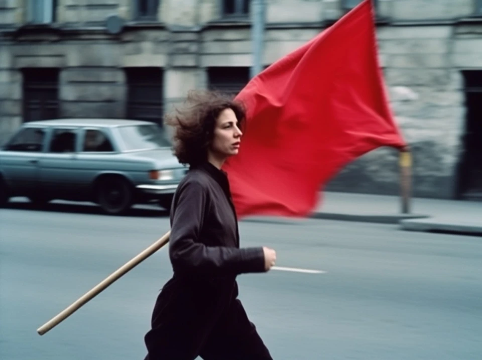 Eine Frau in schwarzer Kleidung trägt eine große rote Flagge auf einer Stadtstraße. Im Hintergrund sind Autos und Gebäude zu sehen. Die Szene wirkt wie eine Nachstellung oder künstlerische Inszenierung.