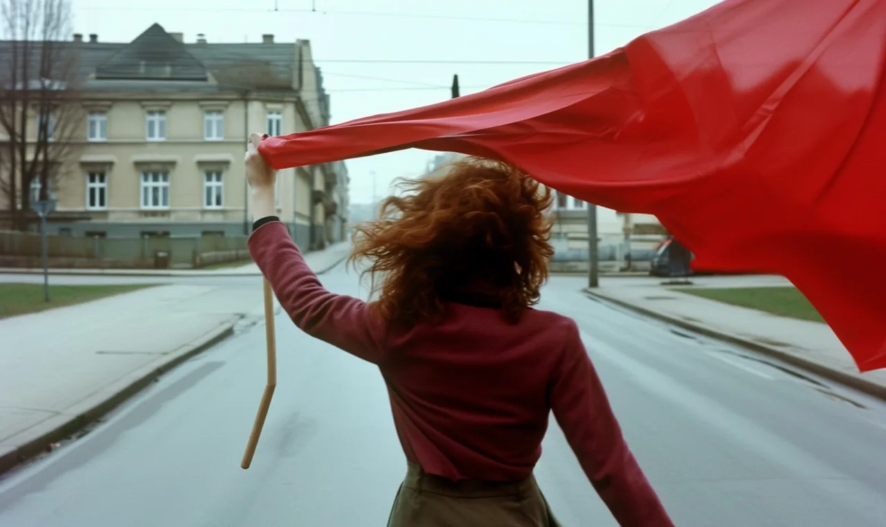 Eine Person von hinten mit wehenden roten Haaren hält ein rotes Tuch in die Luft, das vom Wind flatert. Im Hintergrund sind Bahngleise, ein Gebäude und eine überflutete Straße sichtbar.
