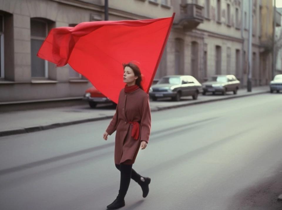 Eine Frau in einem dunkelroten Mantel läuft auf einer städtischen Straße und hält eine große rote Fahne, die hinter ihr im Wind flattert. Im Hintergrund sind klassische Gebäude und geparkte Autos zu sehen.