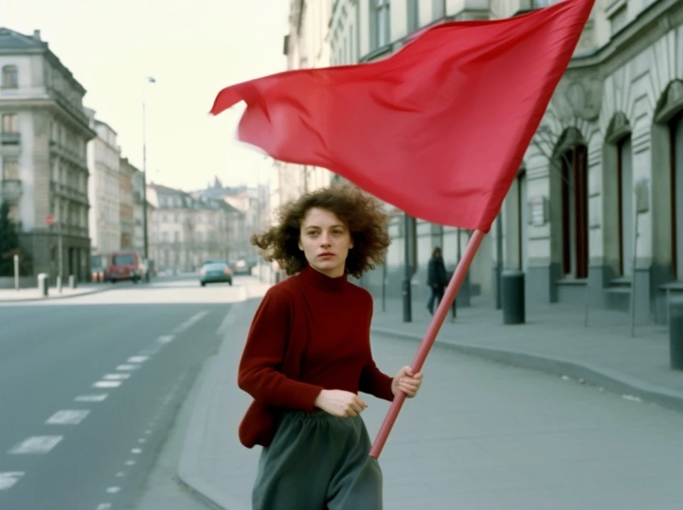 Eine Person mit lockigem Haar in rotem Pullover trägt eine große rote Flagge auf einer leeren Stadtstraße mit klassischen Gebäuden im Hintergrund.
