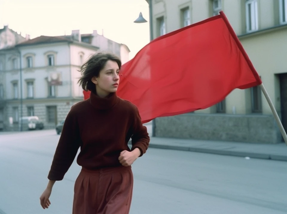 Eine Frau in dunkler Kleidung hält eine große rote Fahne in einer urbanen Straße, während sie nach links blickt. Im Hintergrund sind klassische europäische Gebäude zu sehen. Die Szene wirkt wie eine künstlerische Nachinszenierung oder Performance.