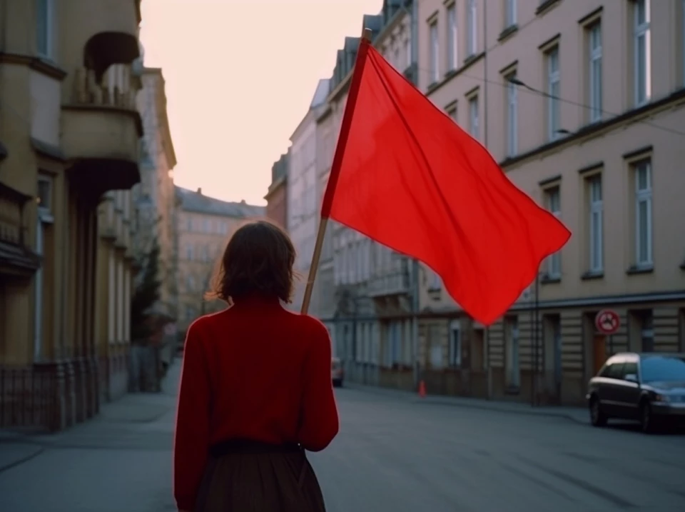 Eine Person von hinten in rotem Mantel hält eine große rote Flagge in einer leeren Straße zwischen historischen Gebäuden. Die Szene wirkt wie eine symbolische Darstellung oder künstlerische Nachstellung in einer europäischen Stadt.