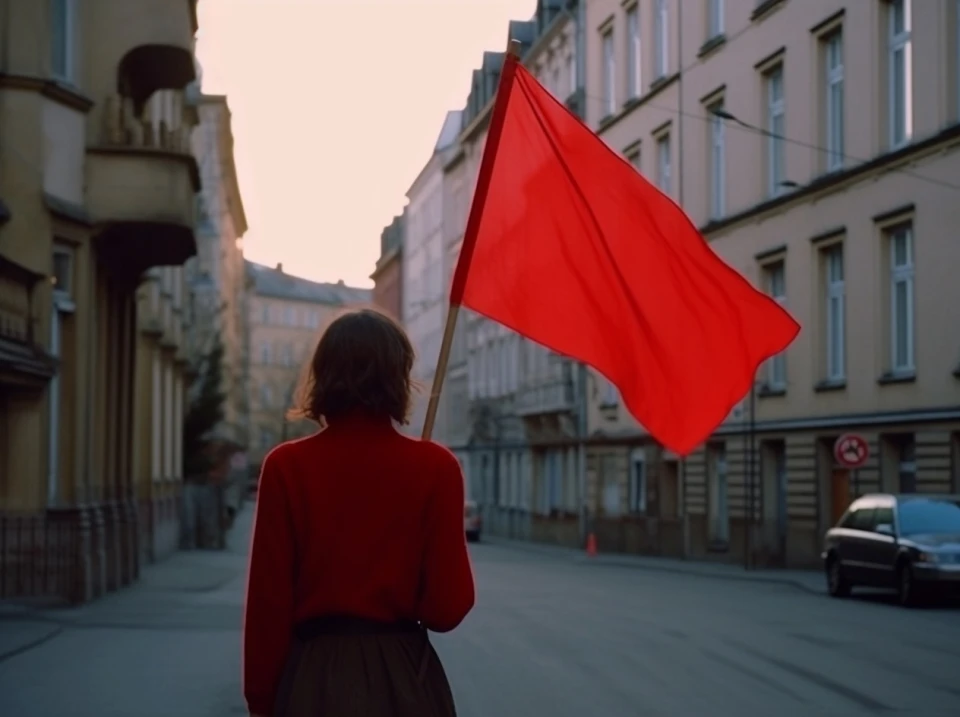 Eine Person von hinten in rotem Mantel hält eine große rote Flagge in einer leeren Straße zwischen historischen Gebäuden. Die Szene wirkt wie eine symbolische Darstellung oder künstlerische Nachstellung in einer europäischen Stadt.
