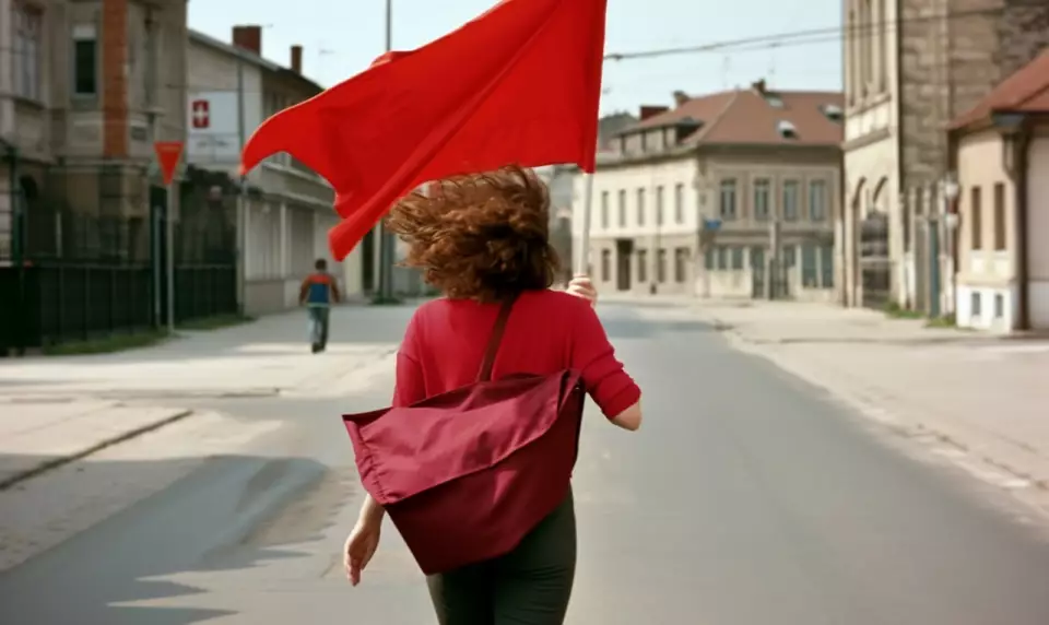 Studentin mit einer roten Flagge rennt eine Straße entlang. Reenactment einer Aktion aus den 1968ern. Foto KI generiert.