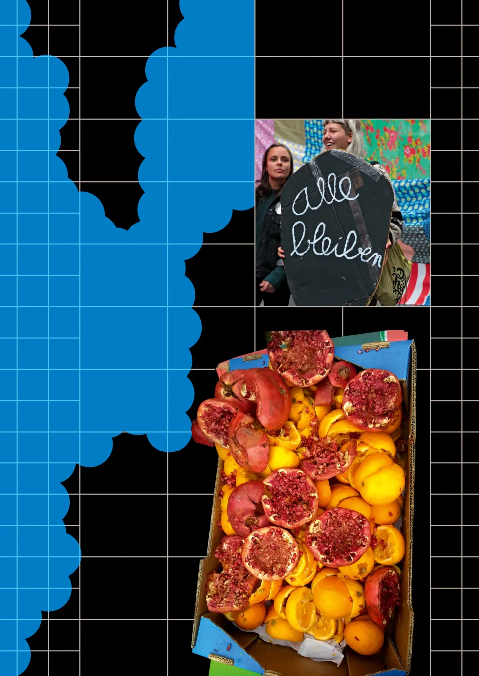 Ein Mosaik aus zwei Fotografien auf blauem Hintergrund mit schwarzem Gitter: oben eine Frau vor einer bunten Wand mit der Aufschrift "alle blühen", unten eine Schüssel mit roten Paprikaschoten und gelben Paprikaschoten.