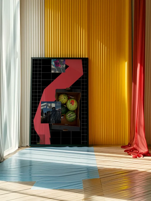 Ein großes schwarzes Kunstwerk mit einer roten abstrakten Figur an einer Wand mit gelben und roten Vorhängen. Das Werk enthält ein rechteckiges Fenster mit Fotografien und Objekten. Der Boden spiegelt die farbige Beleuchtung der Installation wider.