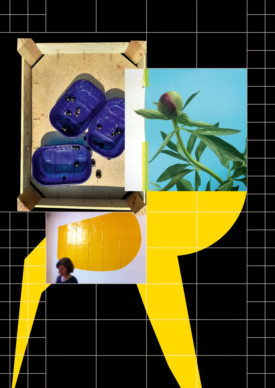 Collage mit geometrischen Formen in Gelb und Schwarz: oben links blaue Objekte in einer Schachtel, oben rechts eine Pflanze vor blauem Himmel, unten links ein gelber Behälter mit einer Person. Die Komposition bildet eine abstrakte Silhouette auf kariertem Hintergrund.