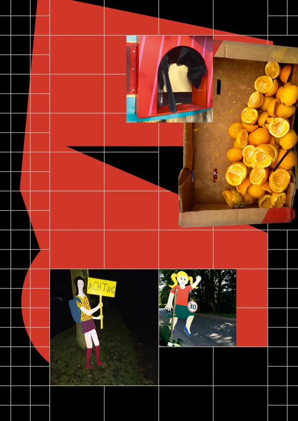 Collage aus roten und schwarzen geometrischen Formen mit vier Fotografien: oben eine Person mit schwarzem Haar vor Orangenkisten, unten links eine Person mit Schild auf Gras, unten rechts eine Person in Bewegung auf dunklem Untergrund, und oben rechts gelbe Orangen in einer Kiste.