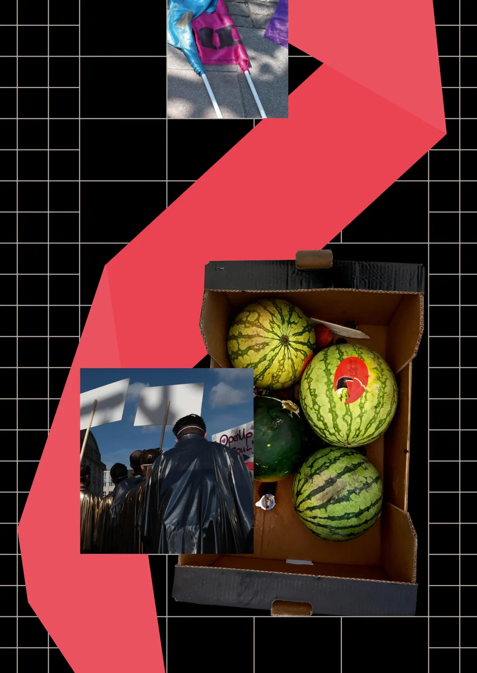 Collage aus drei Fotografien auf schwarzem Gitterhintergrund mit roter, geschwungener Form: oben ein Auto in Luftaufnahme, Mitte eine Schachtel mit Wassermelonen und Gurken, unten eine Gruppe von Menschen in dunkler Kleidung. Die Serie erforscht die Spannung zwischen Orient und Okzident durch alltägliche Objekte und menschliche Szenen.
