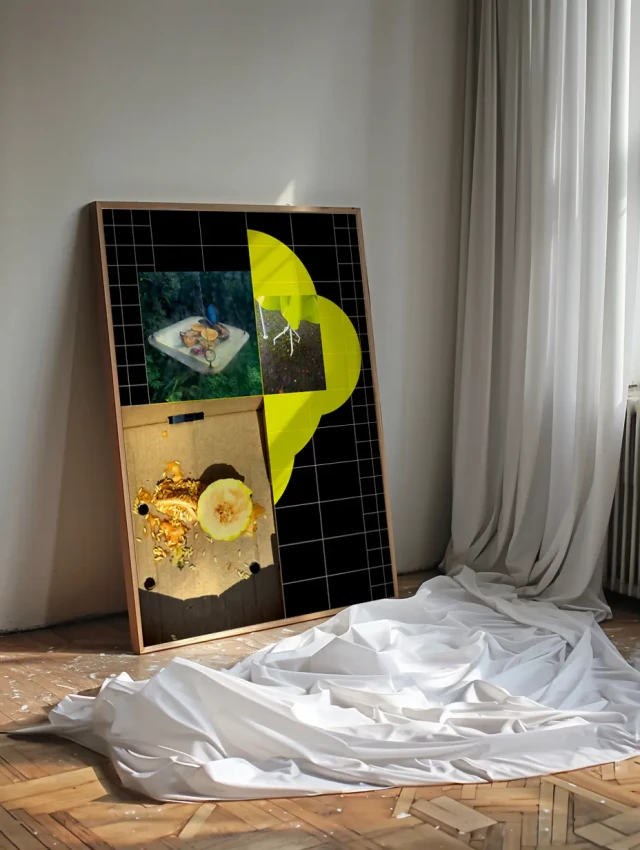 Ein großformatiges Kunstwerk leaning gegen eine helle Wand zeigt ein abstraktes Collage-Design mit geometrischen Formen, gelben organischen Elementen und fotografischen Fragmenten auf schwarzem Hintergrund. Weiße Stoffbahnen liegen zusammengefaltet vor dem Werk auf dem Holzboden. Rechts im Bild sind vertikale weiße Vorhänge zu sehen.
