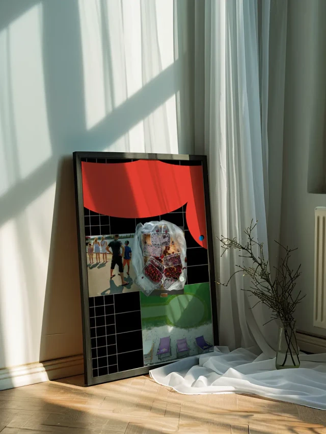 Ein großformatiges Kunstwerk lehnt an einer Wand neben einem Fenster mit Gardinen. Das Werk zeigt ein abstraktes Collage-Design mit roten, schwarzen und grünen geometrischen Formen sowie fotografischen Elementen, die kulturelle Motive kombinieren.