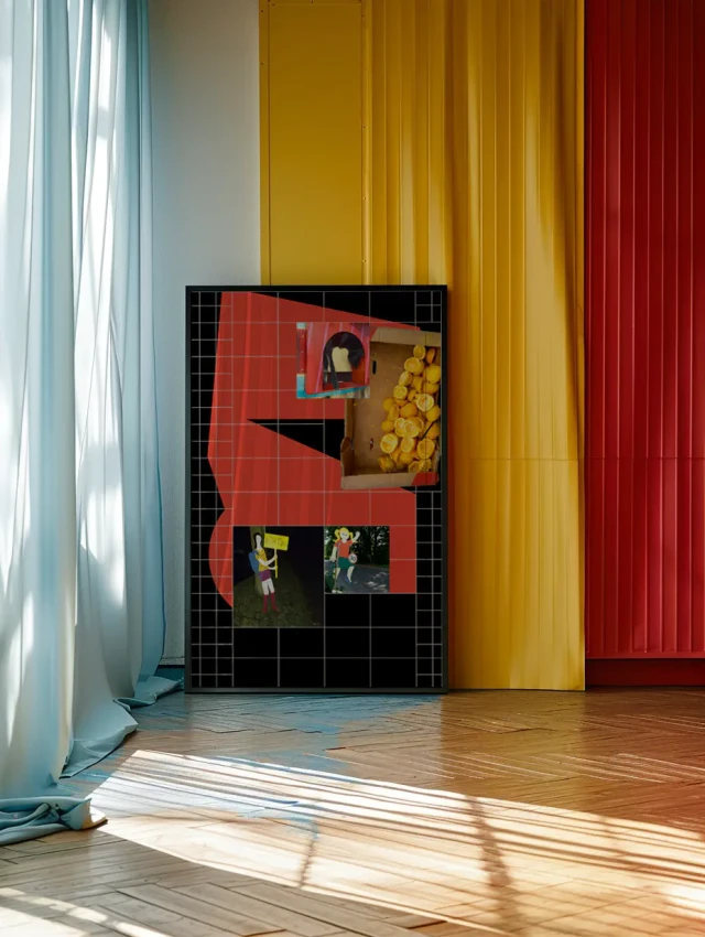 Ein großformatiges Kunstwerk mit schwarzen Kacheln, roten und gelben geometrischen Formen und eingebetteten Fotografien steht in einem minimalistischen Raum mit farbigen Vorhängen in Gelb und Rot sowie transparenten Gardinen. Die Komposition zeigt abstrakte Formen und kleine Bildausschnitte auf strukturiertem schwarzem Hintergrund. Sonnenlicht wirft Schatten auf den Holzboden des galerialen Ausstellungsraums.