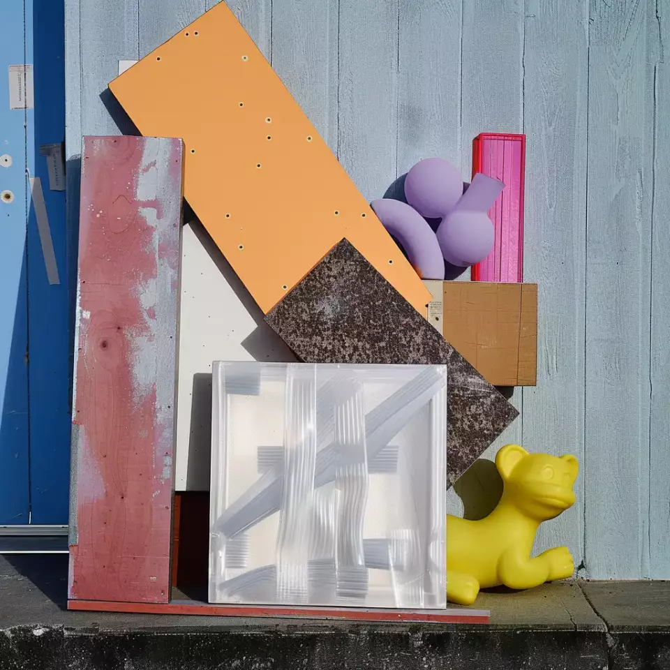 Installationen, Hellblau und dunkles Silber, präzise, leicht schräg verlaufende Linien, ungewöhnliche Gegenüberstellungen, strenger Modernismus.