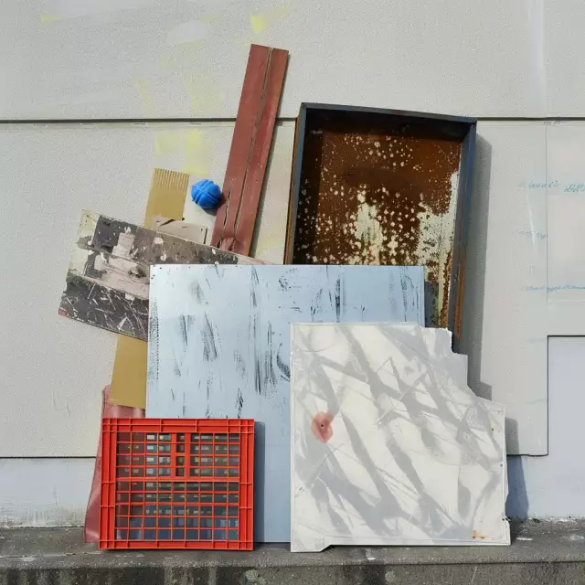 Metall- und Kunststoffplatten und Gegenständen in ästhetisch ansprechenden Anordnung aneinander gelehnt