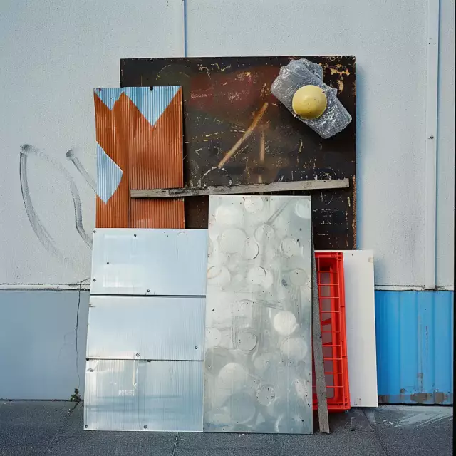 Collage von Metall- und Kunststoffplatten und Gegenständen mit unterschiedlichen Texturen und Farben die aneinander gelehnt sind.