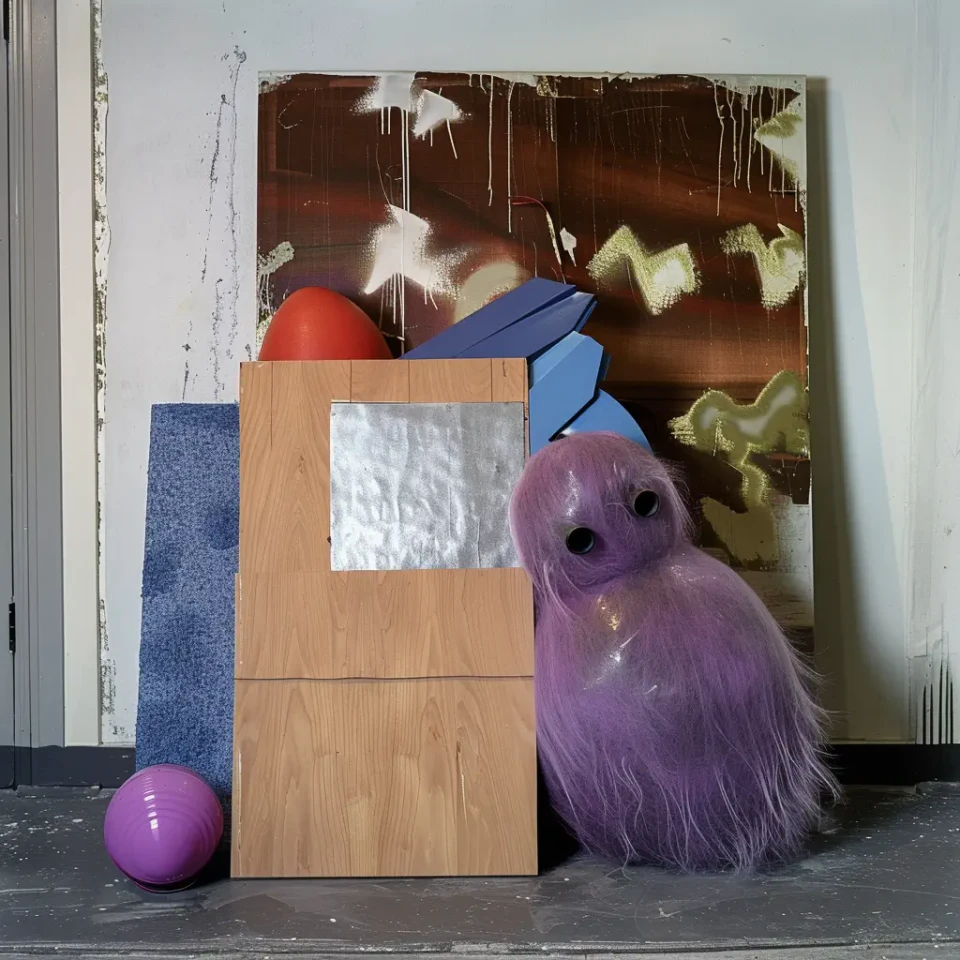 Ein surreales Kunstwerk mit einer beige-farbenen Pappbox als Zentrum, neben der eine purple Fellstruktur sitzt. Auf der Box sind ein roter Ball und ein blaues geometrisches Form arrangiert, während dahinter eine abstrahierte Malerei mit erdigen Tönen und weißen Elementen hängt.