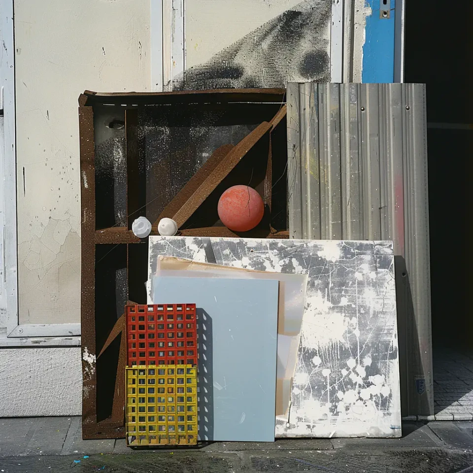 Ansammlung von Gegenständen und Materialien an einer Wand: ein hölzerner Rahmen mit verschiedenen Objekten wie Bällen und Holzbalken, davor rote und gelbe Kunststoffkörbe, hellblaue und strukturierte grau-weiße Platten, arrangiert als Stillleben oder Installationsdetail.