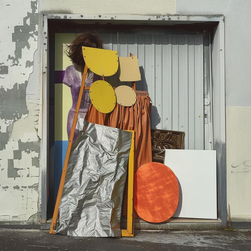 Eine experimentelle Collage aus verschiedenen Materialien und Formen vor einer grauen Metalltür: orange Stoffe, silberfarbene Folien, bunte Papierkreise in Gelb und Orange sowie Schnüre arrangieren sich zu einer abstrakten Komposition. Die Werke erkunden die Überlagerung und Interaktion unterschiedlicher visueller Elemente im Raum.