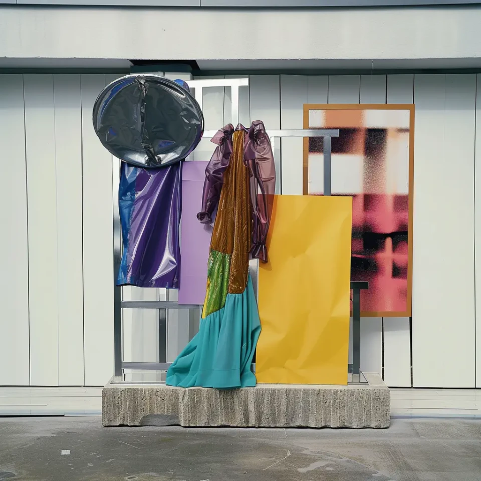 Moderne Kunstinstallation vor einer weißen Fassade mit aufgehängten farbigen Textilien in Blau, Violett, Gelb und Türkis, geometrischen Rahmen in Orange und Grau sowie einem dunklen runden Objekt oben.