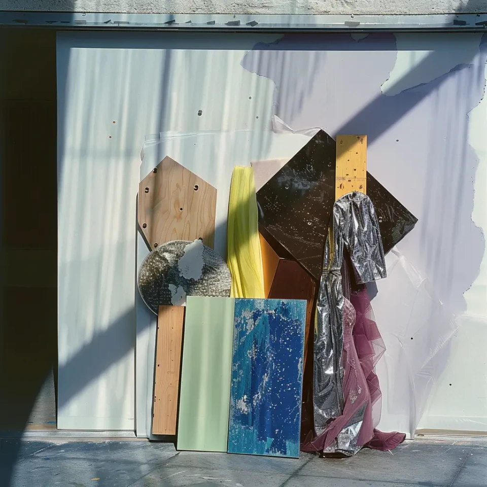 Verschiedene Holzbretter und Materialproben in unterschiedlichen Farben und Texturen sind an einer weißen Wand angebracht, darunter Naturtöne, Gelb, Blau und Bordeaux. Ein rundes, strukturiertes Objekt hängt links neben den Brettern. Starke Schattenmuster von Gitterstäben fallen über die gesamte Anordnung.